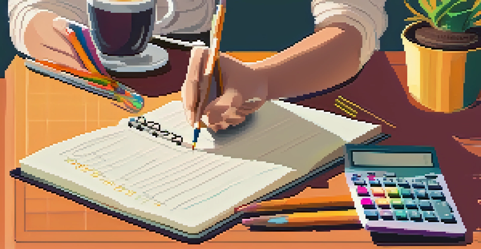 A close-up of a hand writing in a notebook with a calculator and tea cup in the background.