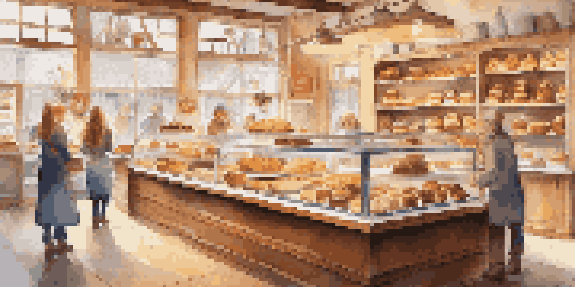 A cozy bakery with a variety of baked goods on display, decorated for the holidays, featuring a smiling baker.
