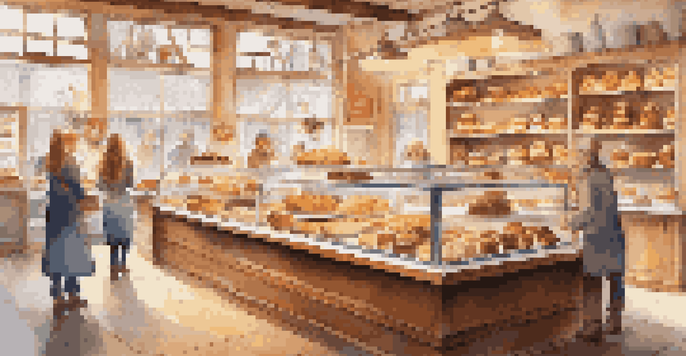 A cozy bakery with a variety of baked goods on display, decorated for the holidays, featuring a smiling baker.