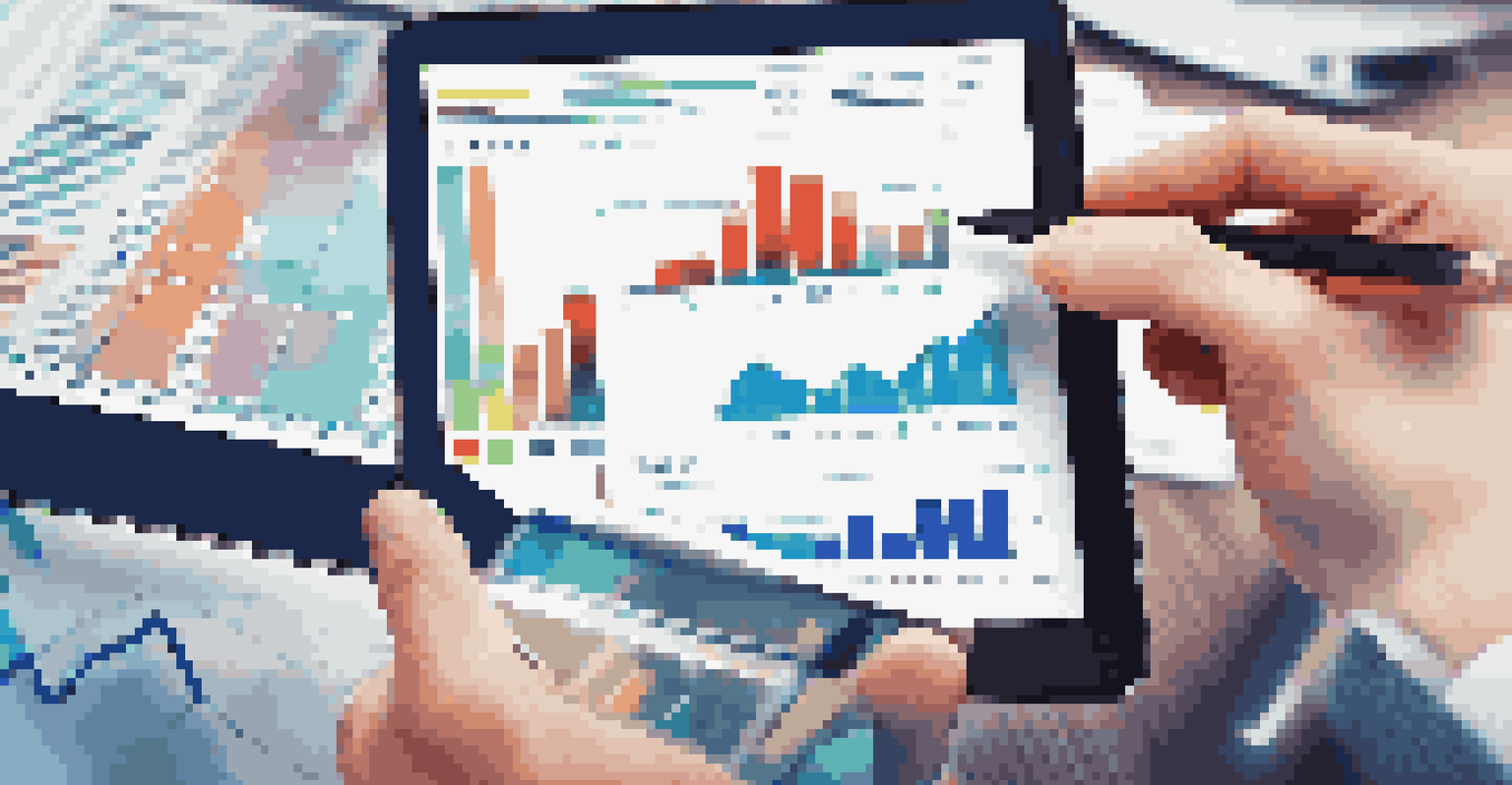 Close-up of hands holding a tablet with stock market data in an office setting.