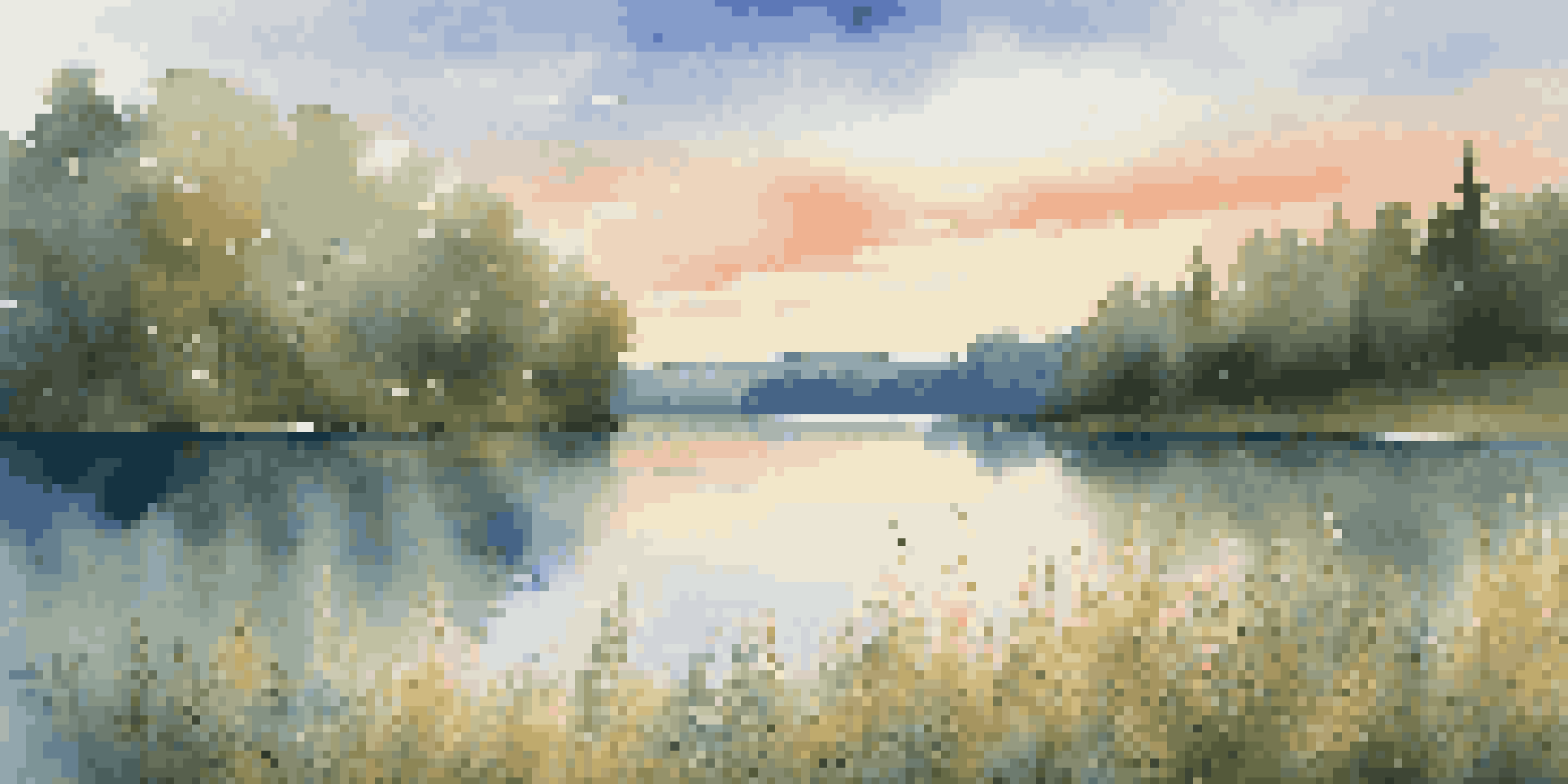 A peaceful lake scene with greenery and colorful wildflowers, illuminated by soft golden sunlight.