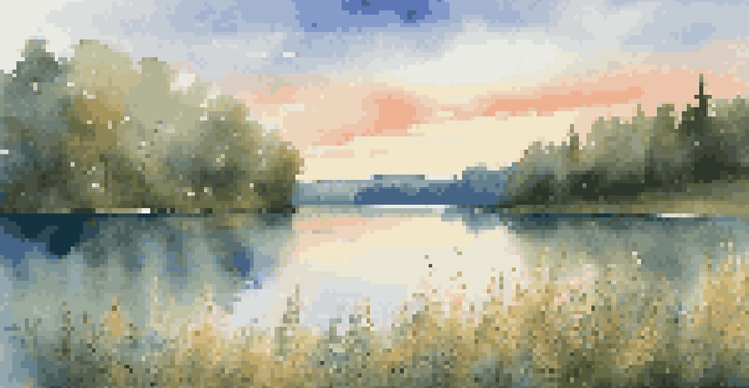 A peaceful lake scene with greenery and colorful wildflowers, illuminated by soft golden sunlight.