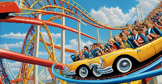 A roller coaster with colorful cars against a blue sky, showcasing the excitement and thrill of the ride.