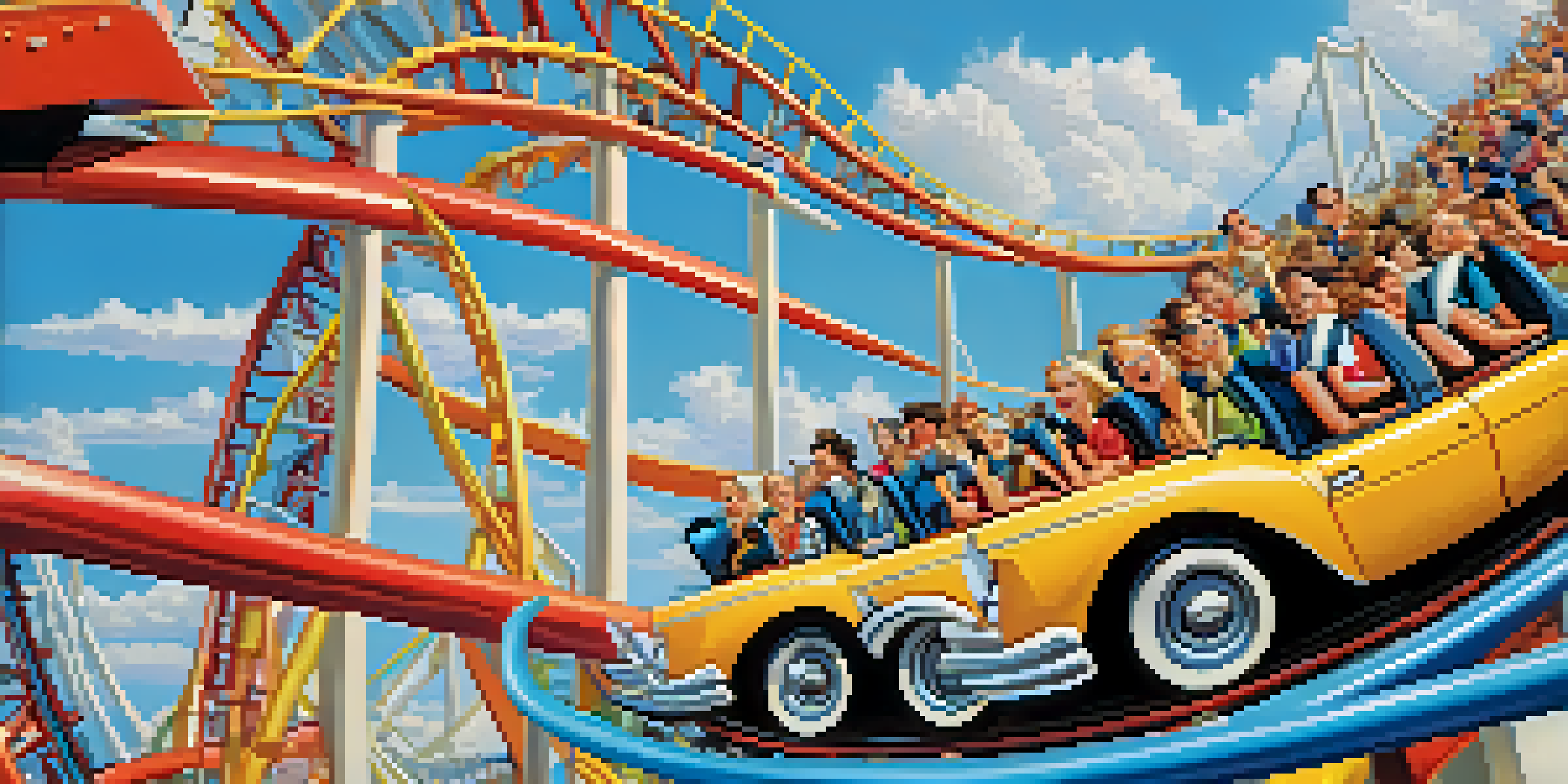 A roller coaster with colorful cars against a blue sky, showcasing the excitement and thrill of the ride.