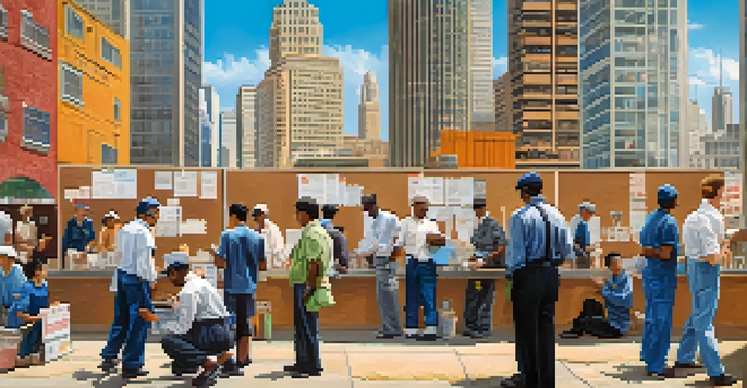 A diverse group of job seekers in an urban setting, looking at job postings, with a city skyline in the background under a sunny sky.