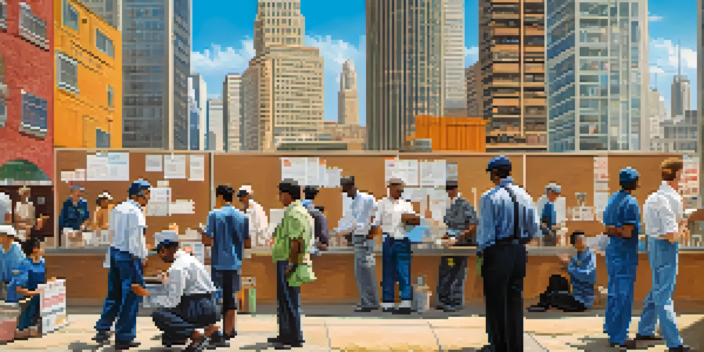 A diverse group of job seekers in an urban setting, looking at job postings, with a city skyline in the background under a sunny sky.