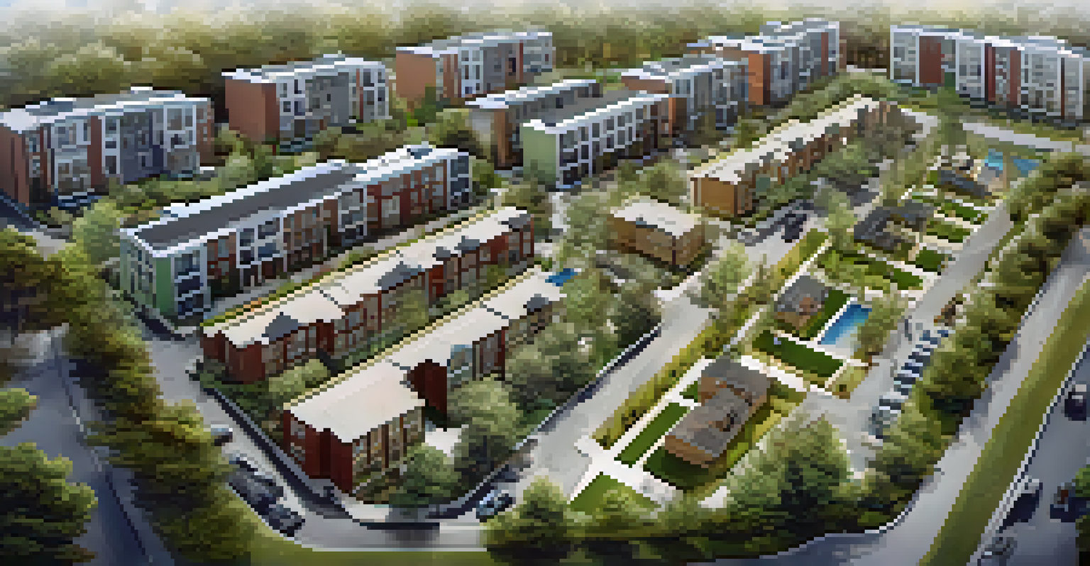 An aerial view of a housing development with single-family homes and apartment buildings, featuring parks and pathways.