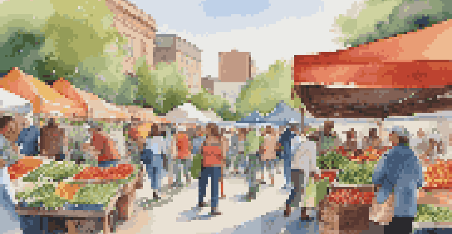 A lively farmer's market with colorful stalls, fresh produce, and diverse people shopping.