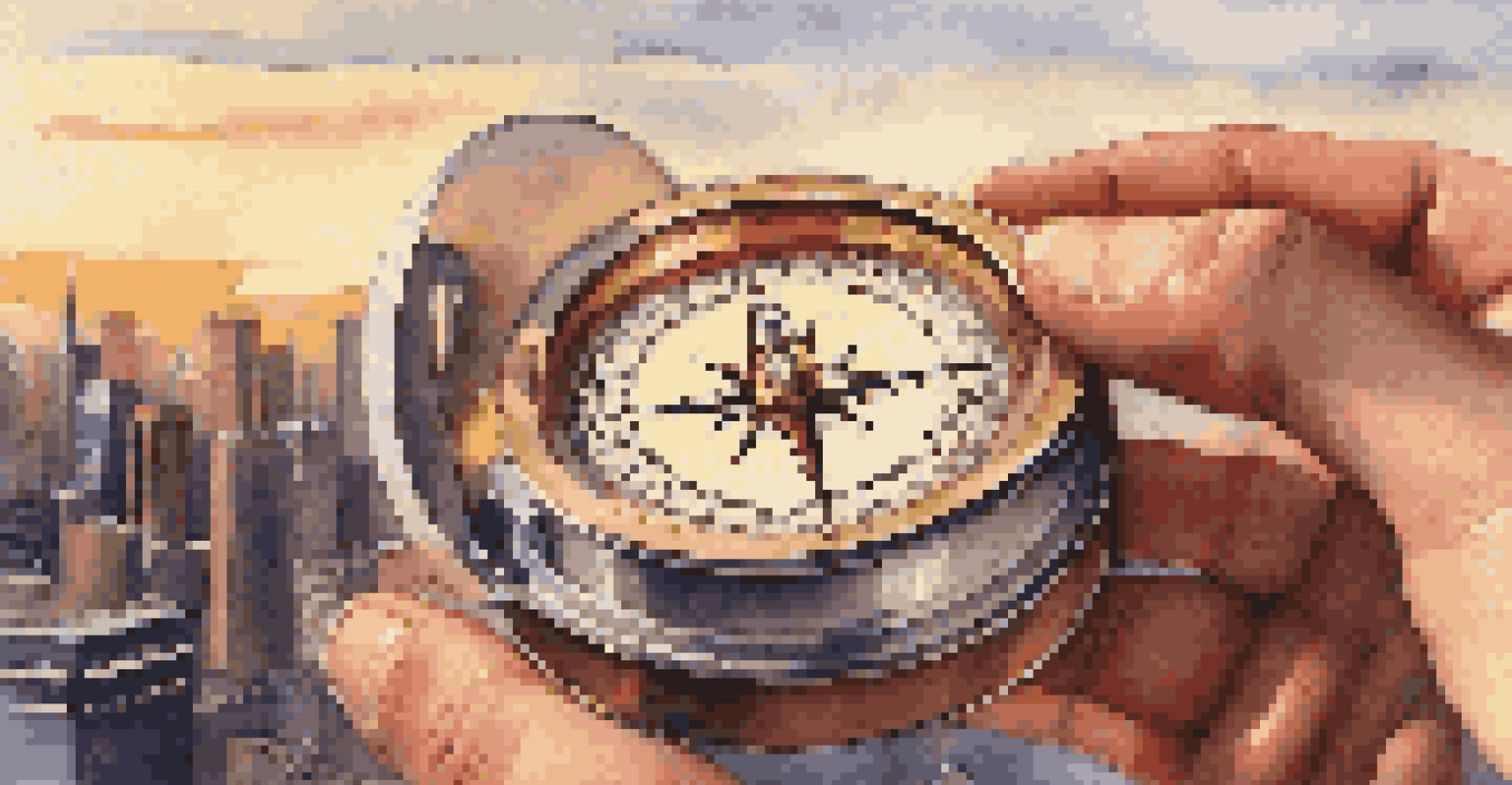 A hand holding a compass with a blurred city skyline in the background, symbolizing direction and decision-making during investment planning.