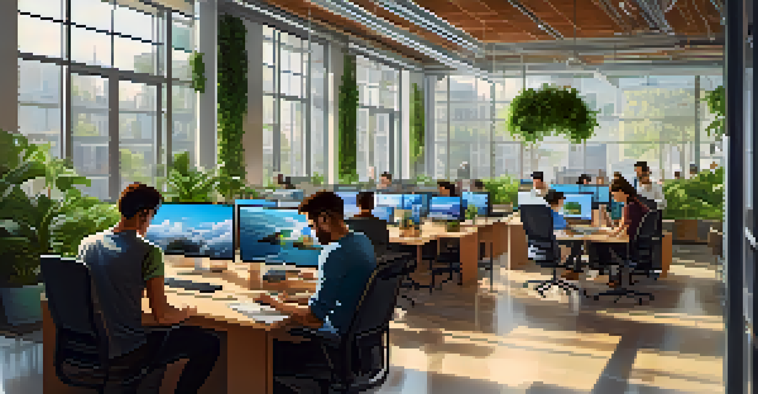 A modern tech workspace with diverse individuals collaborating, showcasing laptops, greenery, and screens displaying global market data.