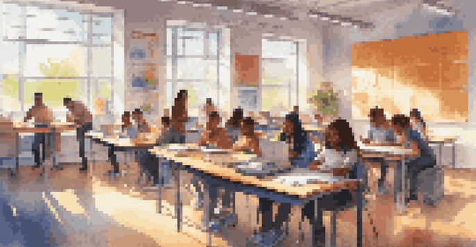 A diverse group of students working together in a modern classroom with laptops, colorful decorations, and sunlight coming through windows.