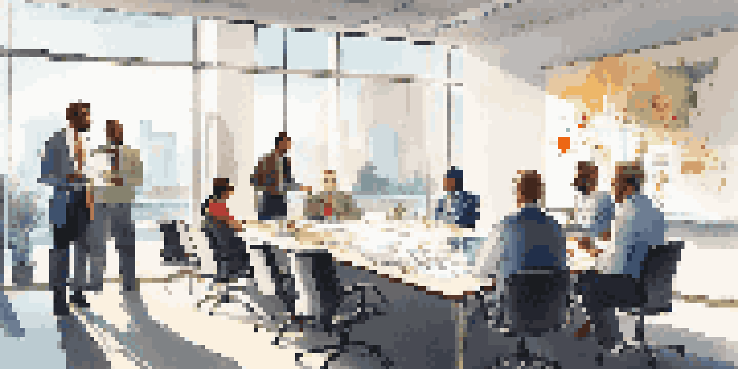 A diverse group of professionals in a bright office discussing financial strategies around a conference table.