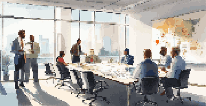 A diverse group of professionals in a bright office discussing financial strategies around a conference table.