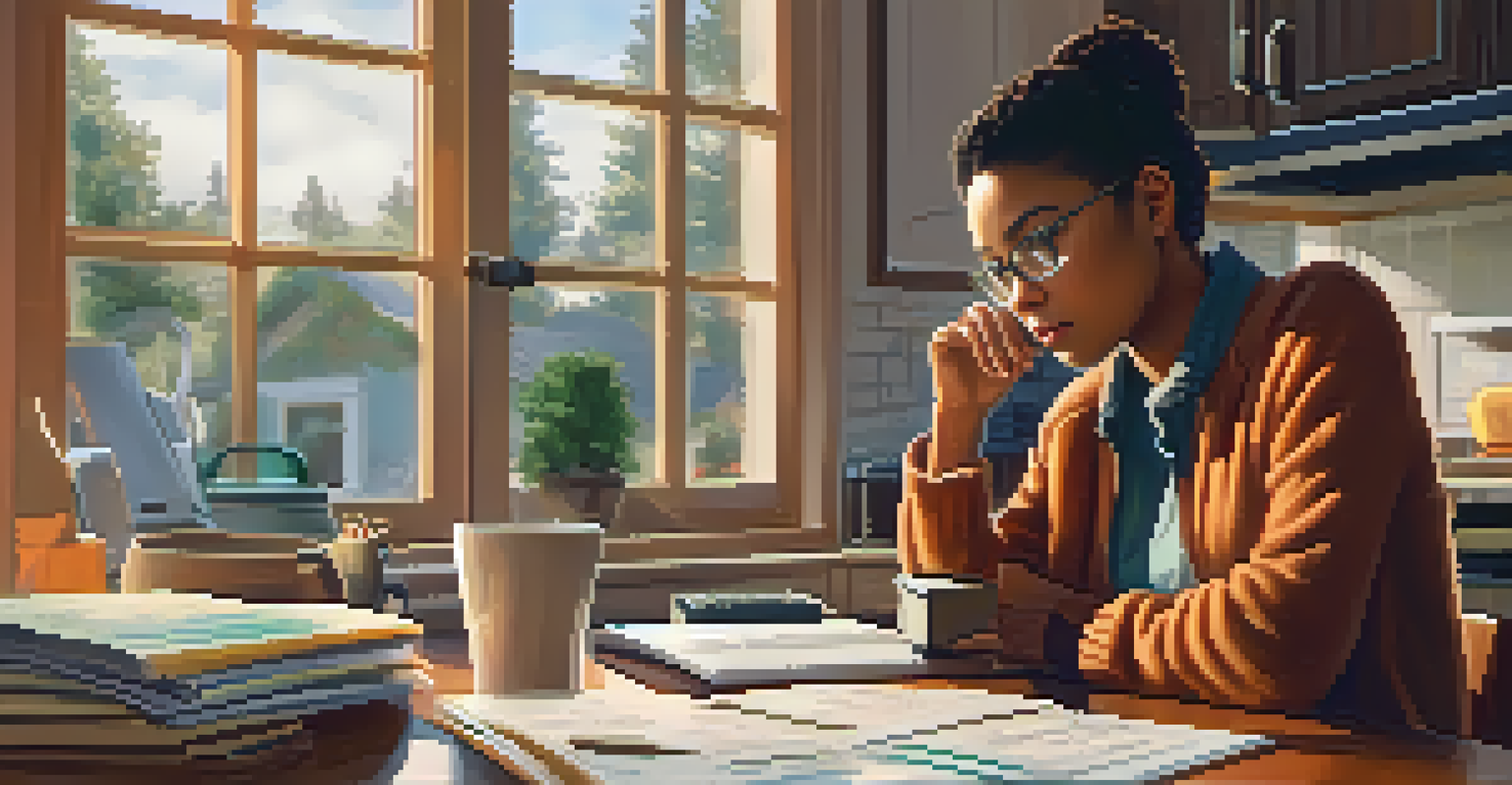 A person at a kitchen table reviewing a notebook with budgeting notes and a calculator, with a cozy kitchen in the background.