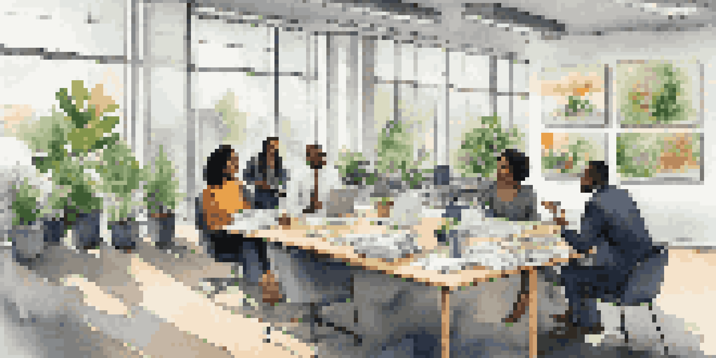 A diverse group of professionals discussing in a bright modern office with large windows and plants.