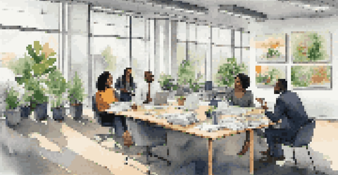 A diverse group of professionals discussing in a bright modern office with large windows and plants.