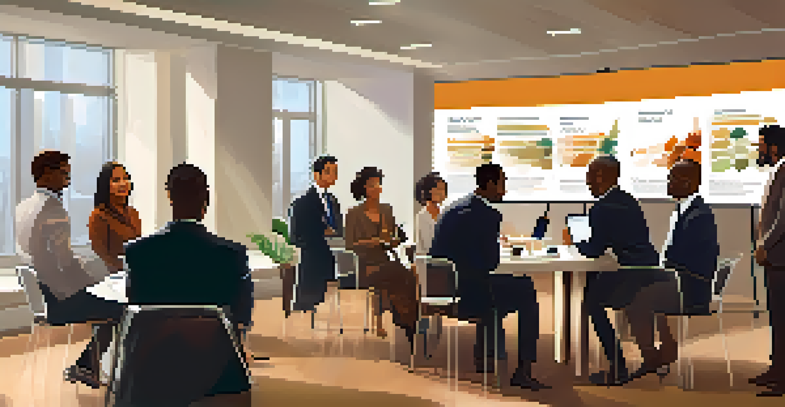 A diverse group of professionals networking in a conference room, exchanging ideas and business cards.
