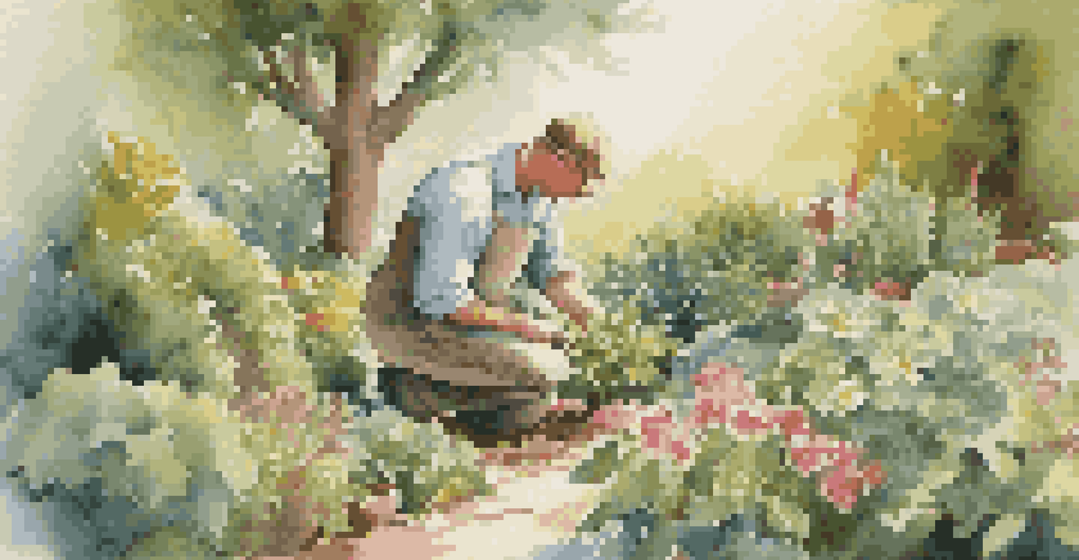 A gardener examining soil in a lush garden filled with flowers and greenery, representing care and attention in nurturing growth.