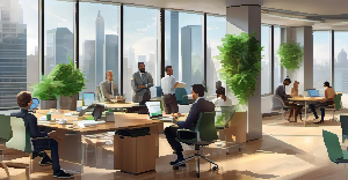 A diverse group of professionals discussing financial regulations in a bright office with city skyline views.