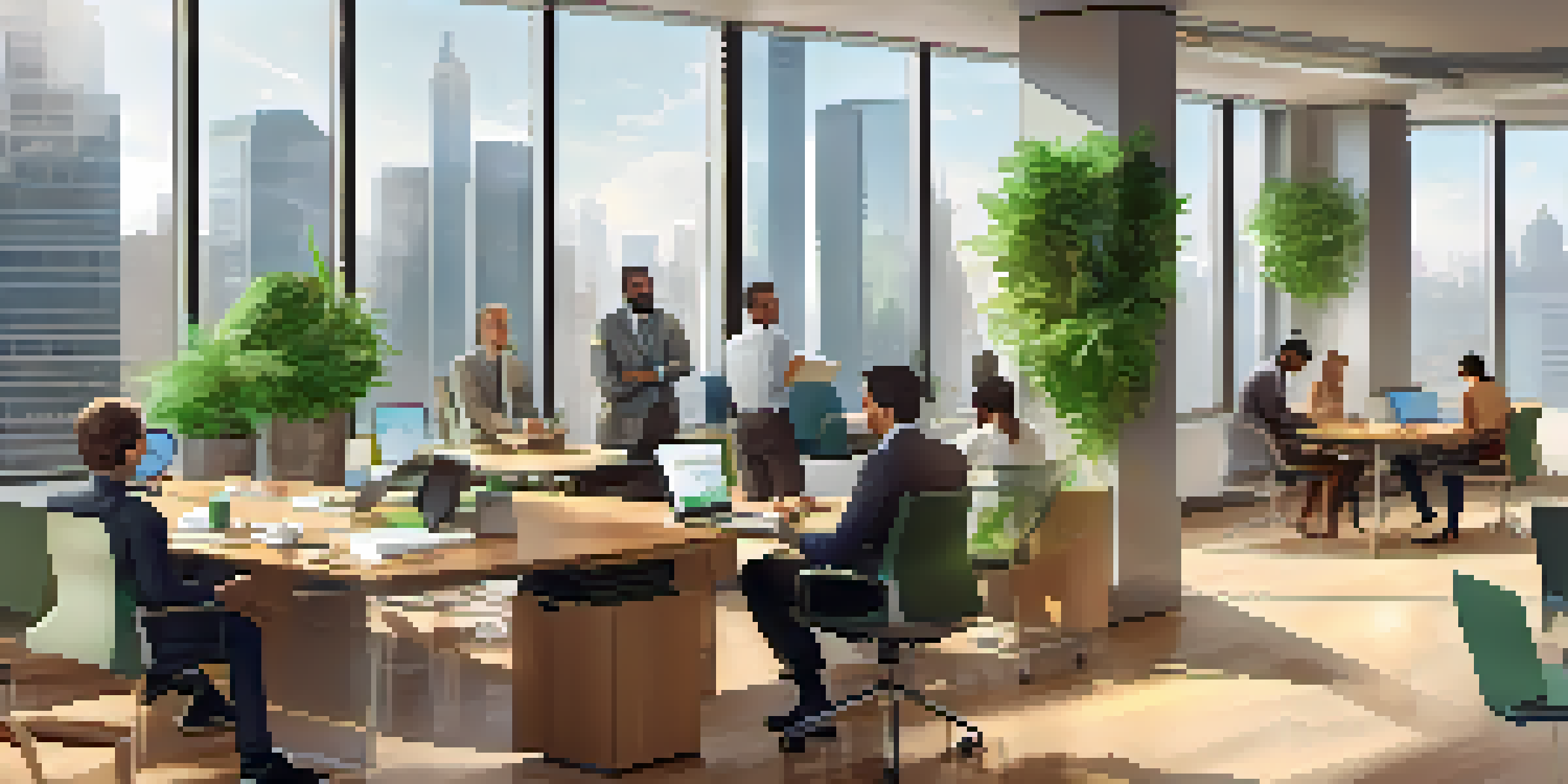 A diverse group of professionals discussing financial regulations in a bright office with city skyline views.