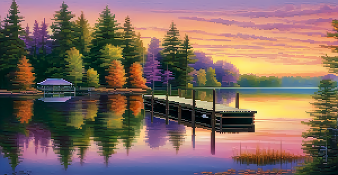 A tranquil lake at sunset with vibrant colors reflecting in the water, framed by lush trees and a small wooden dock.