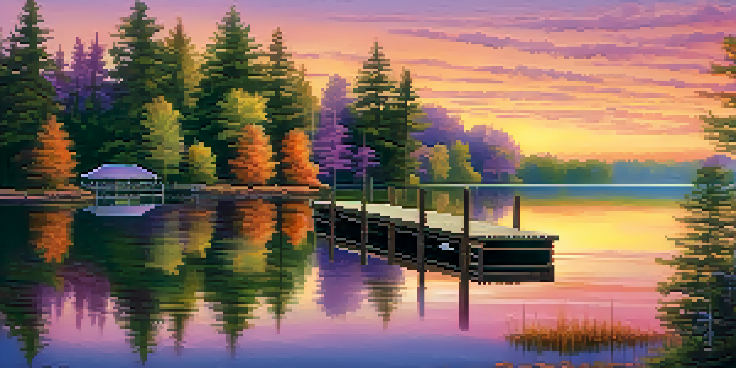 A tranquil lake at sunset with vibrant colors reflecting in the water, framed by lush trees and a small wooden dock.