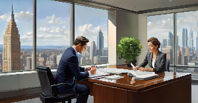 A professional investment advisor reviewing financial documents with a client in a modern office with a city skyline view.