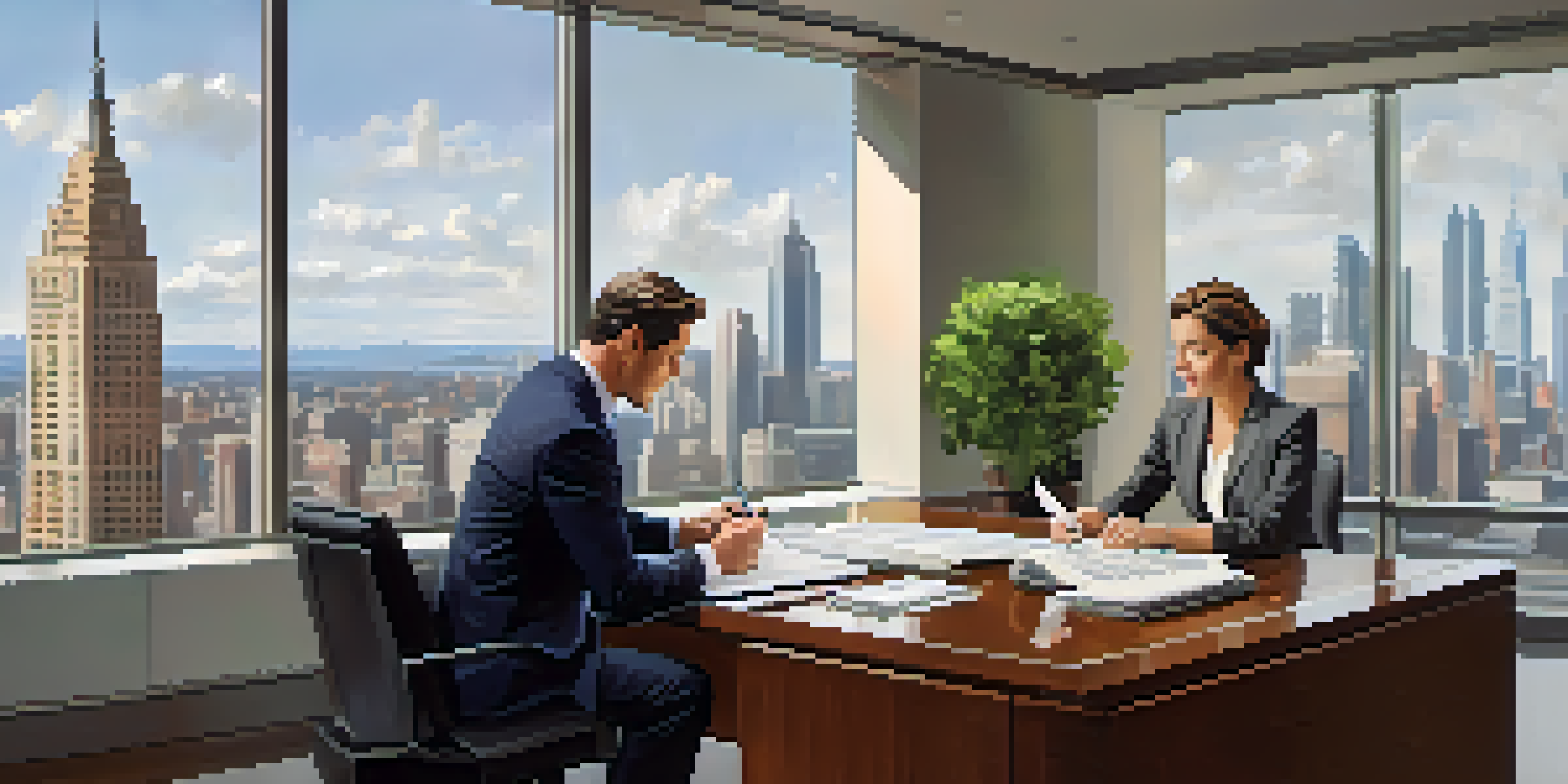 A professional investment advisor reviewing financial documents with a client in a modern office with a city skyline view.