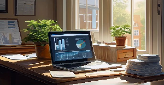 An office desk with financial documents, a laptop, and a potted plant, illuminated by soft sunshine from a window.
