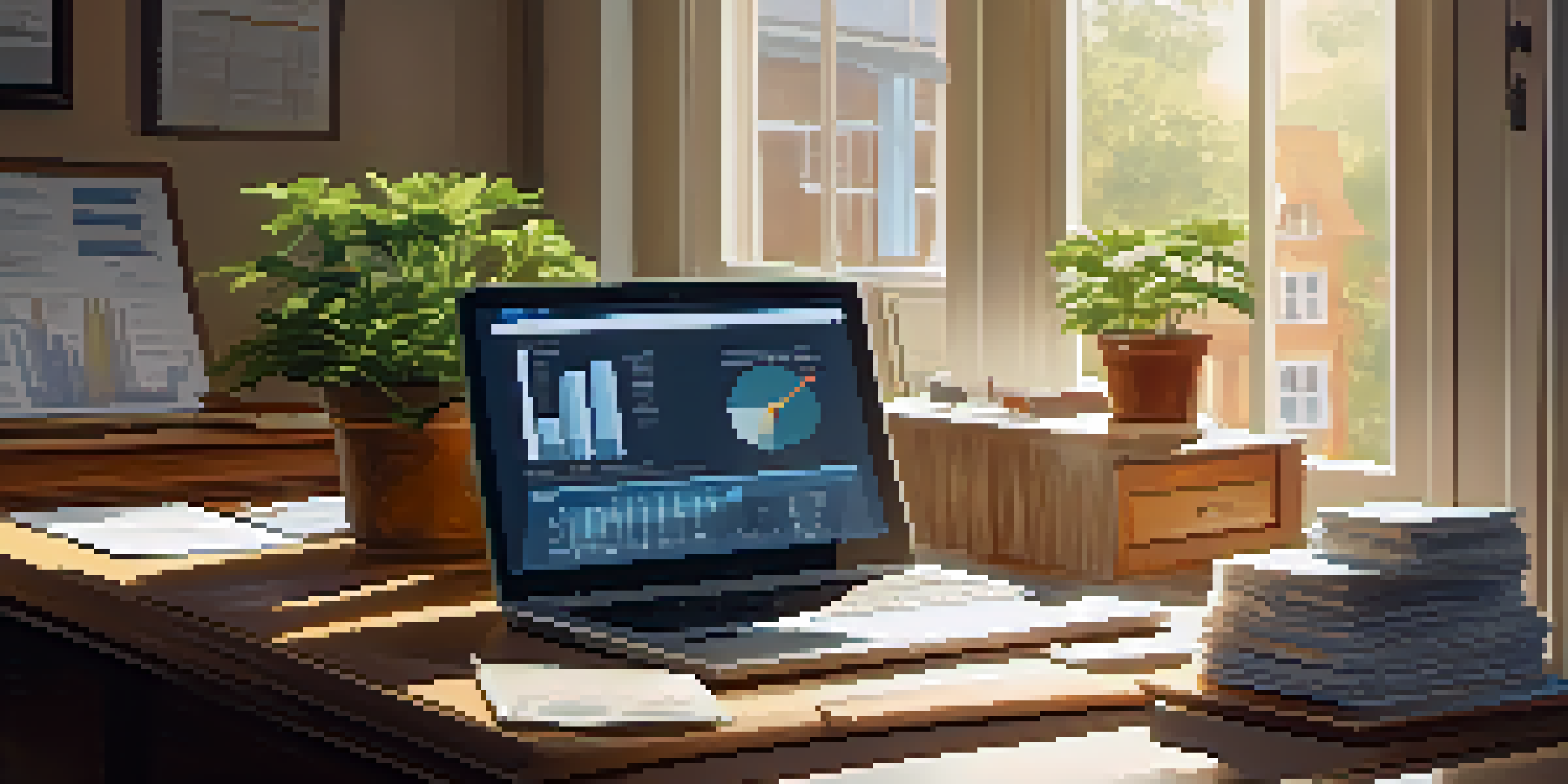 An office desk with financial documents, a laptop, and a potted plant, illuminated by soft sunshine from a window.