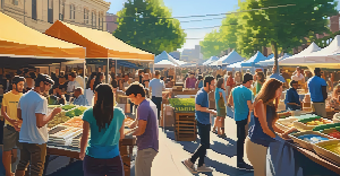 A vibrant outdoor market with entrepreneurs presenting their crowdfunding projects to interested backers under bright sunlight.