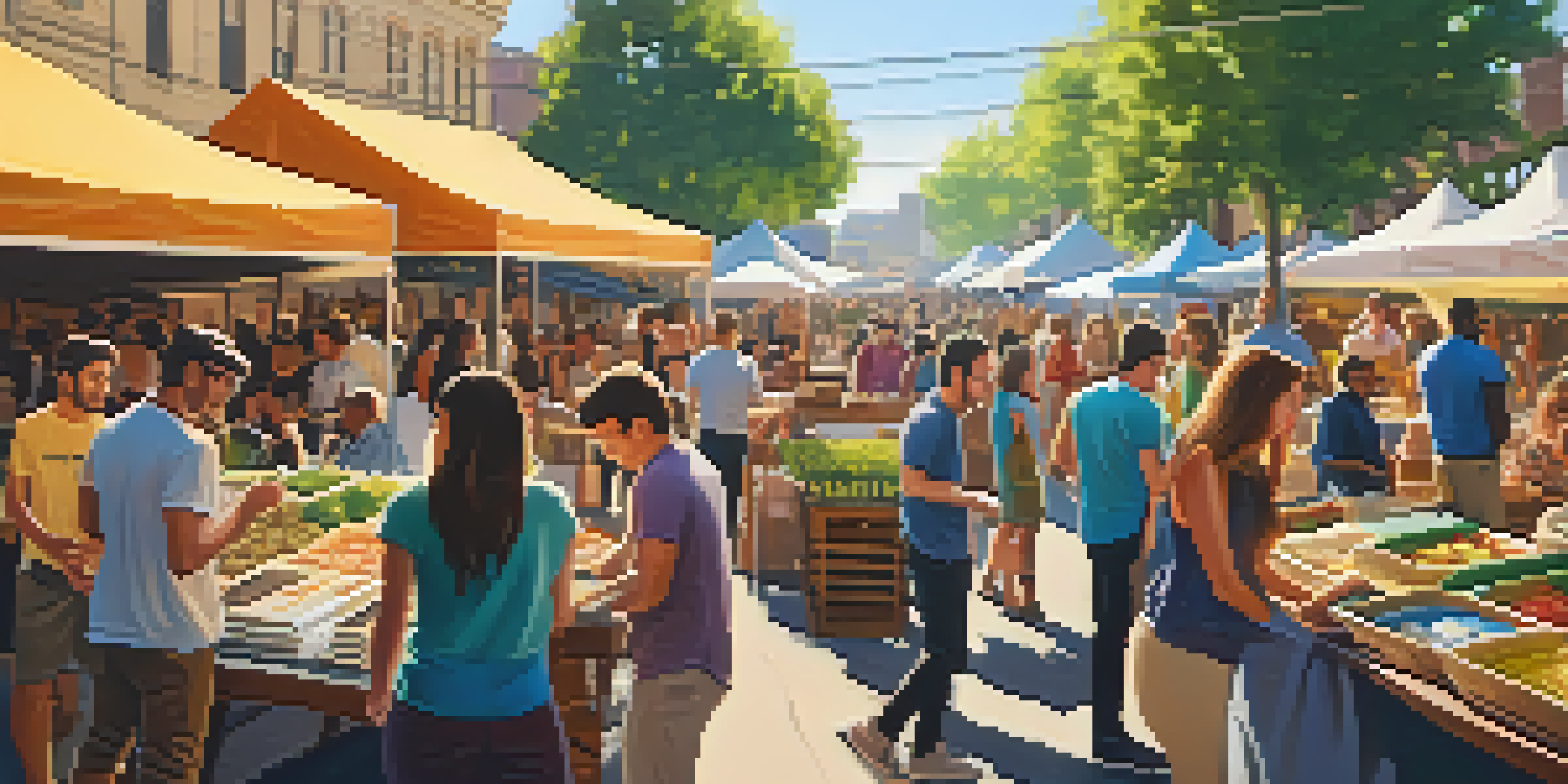 A vibrant outdoor market with entrepreneurs presenting their crowdfunding projects to interested backers under bright sunlight.