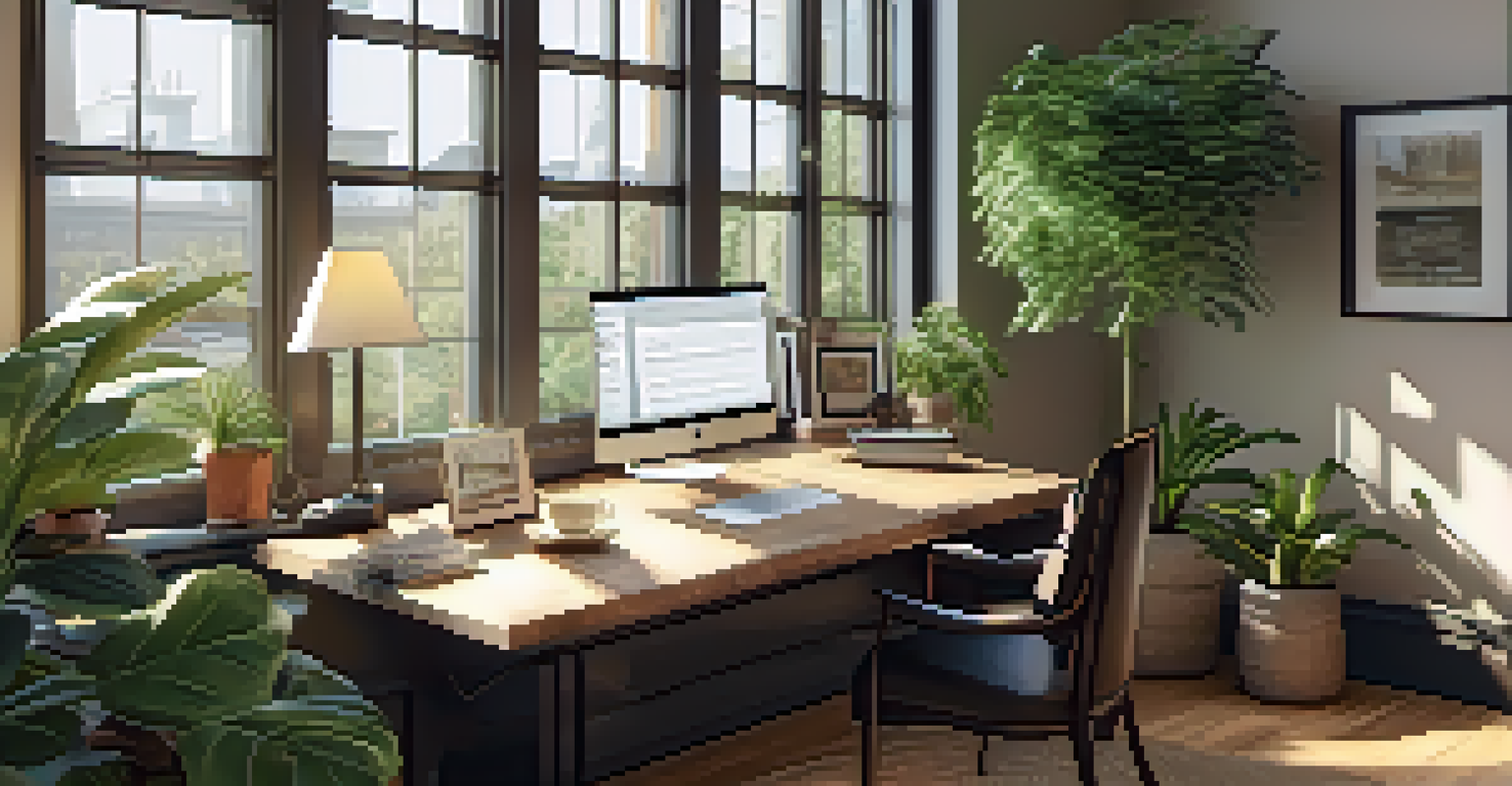 An elegant home office with a wooden desk, laptop, financial books, and indoor plants, illuminated by natural light.