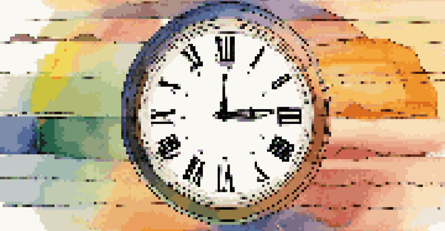 A colorful clock with different asset classes as segments, set against a sunset backdrop, symbolizing the importance of time in asset allocation.