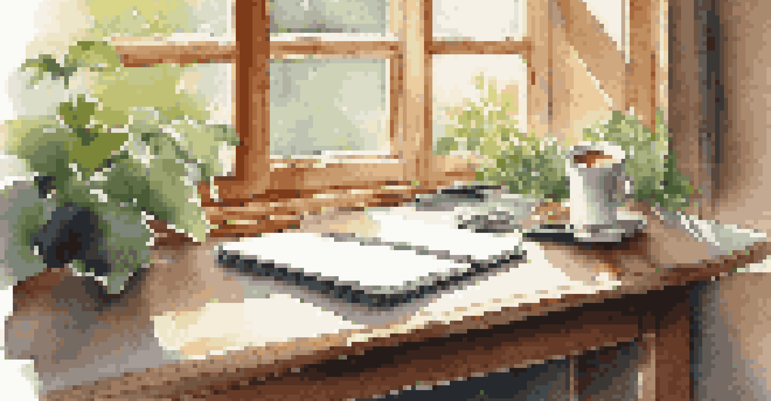 A serene workspace with a wooden table, notepad, pen, and coffee cup next to a window showing a garden outside.