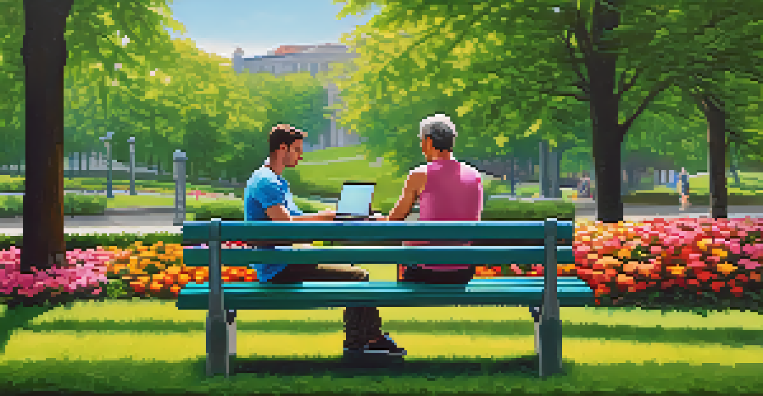 A person using a laptop for online trading while sitting on a park bench surrounded by greenery.