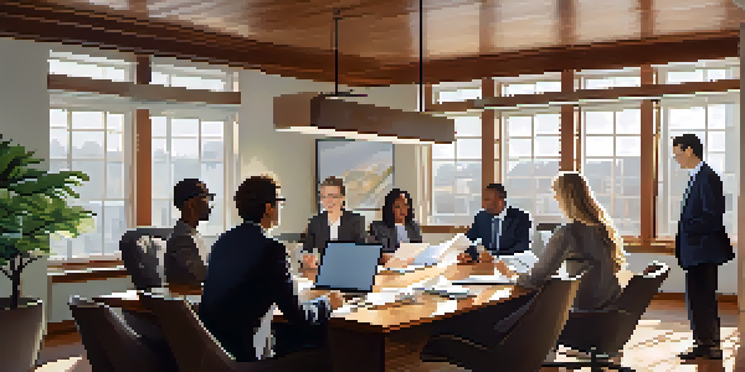 A diverse group of professionals discussing around a conference table in a bright office setting.