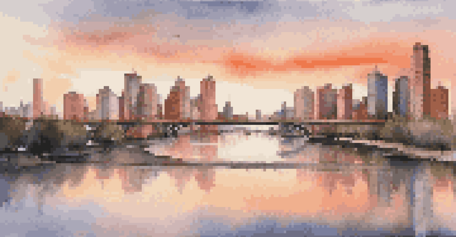 A modern city skyline at sunset with skyscrapers reflecting orange and pink hues, alongside a calm river and a pedestrian bridge.