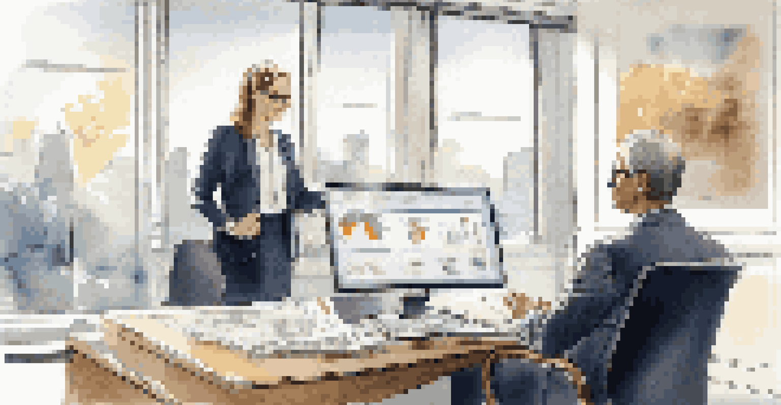 A financial advisor in an office explaining a portfolio to a client, with charts and graphs on a laptop screen.