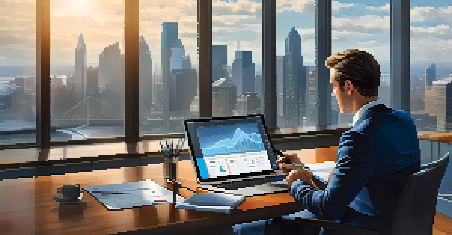 An investor looking at financial charts on a tablet at a conference table with a city skyline view.