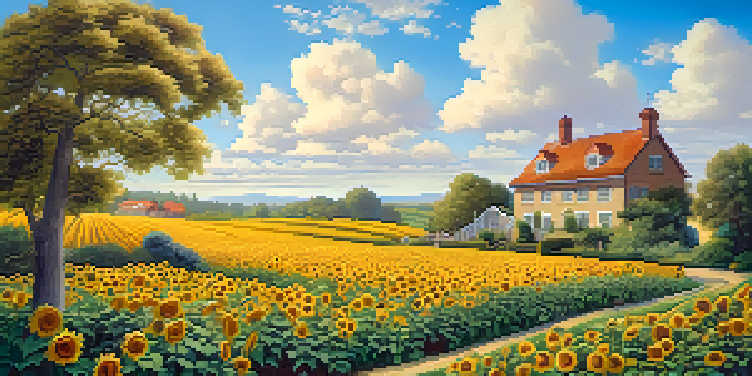 A colorful garden representing a diverse investment portfolio, with sunflowers for stocks, oak trees for bonds, and houses for real estate under a sunny sky.