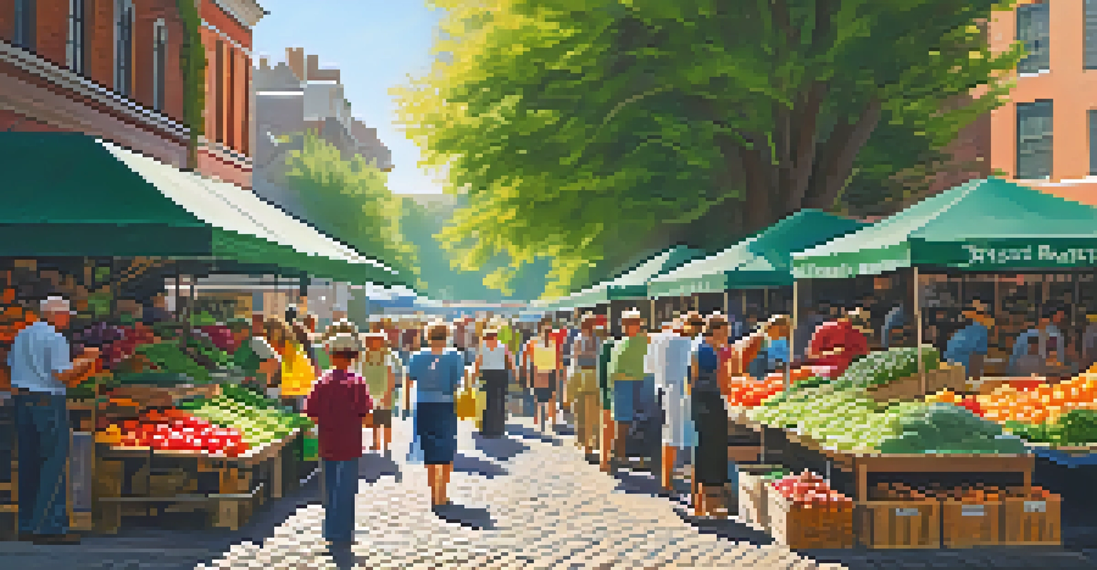 A vibrant farmer's market with stalls of fresh produce and lively shoppers.
