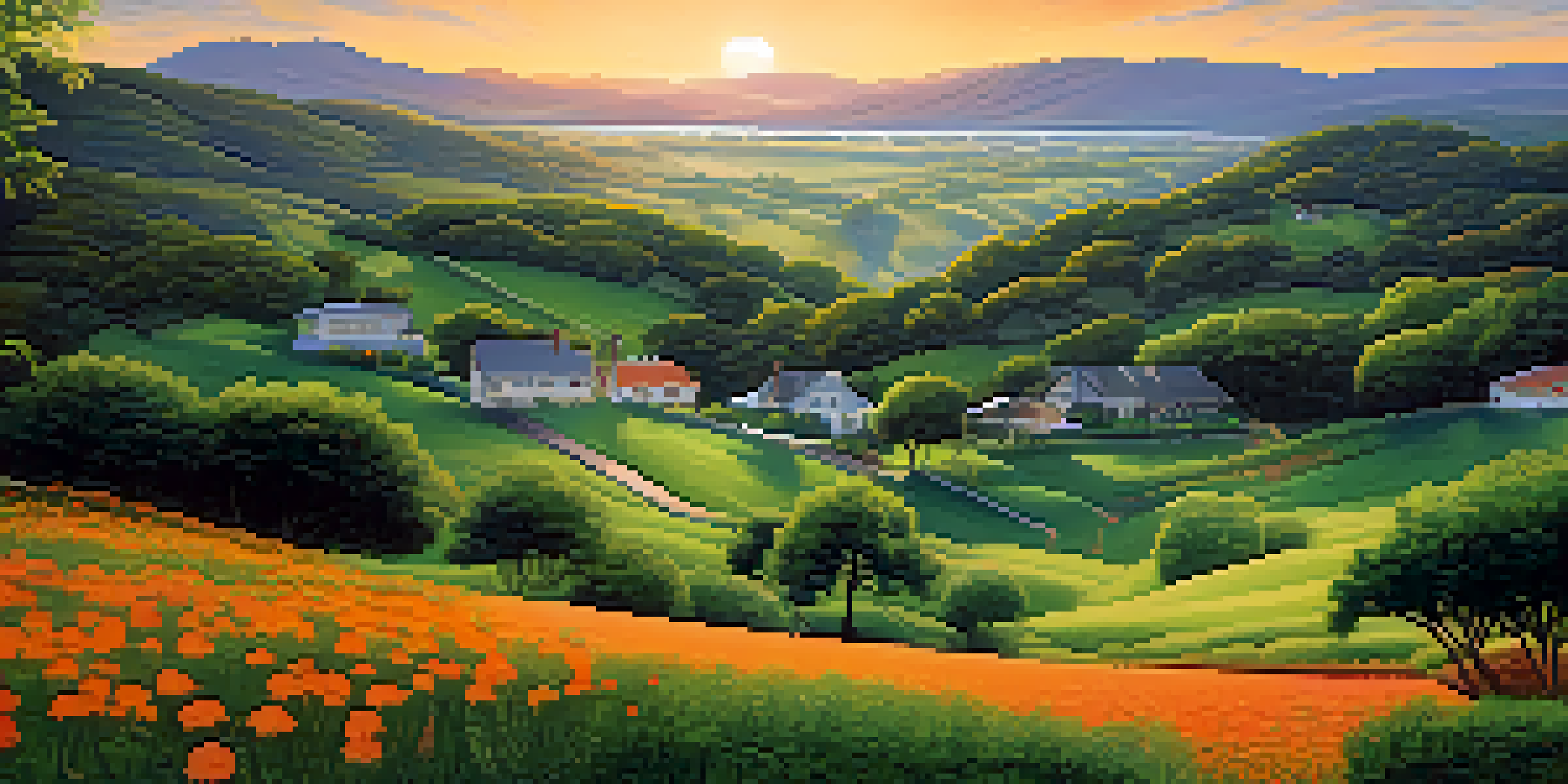 A tranquil landscape illustrating diverse investment symbols like stocks and bonds under a sunset sky, with greenery surrounding the scene.