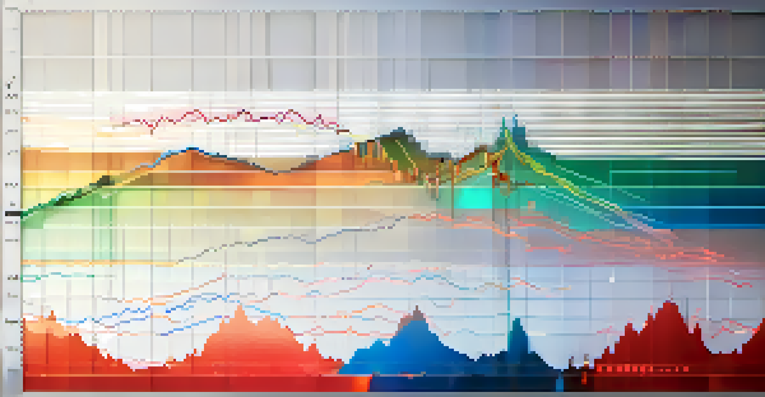 A colorful dynamic wave chart representing the Relative Strength Index (RSI) with red and blue colors indicating overbought and oversold conditions. The background features a smooth gradient.