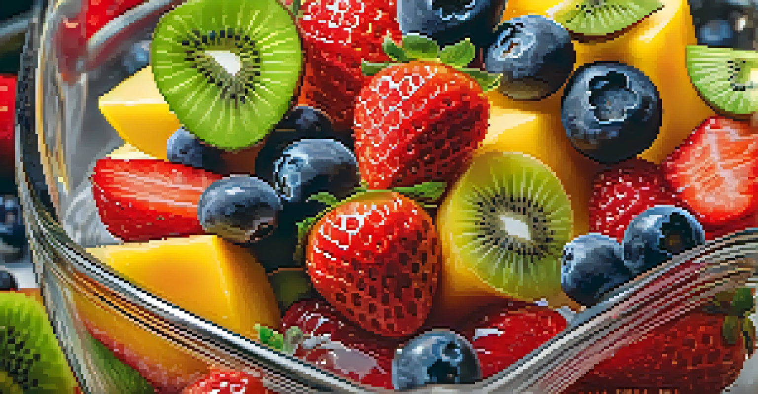 A close-up view of a colorful fruit salad in a glass bowl, featuring different fruits like strawberries and kiwi.
