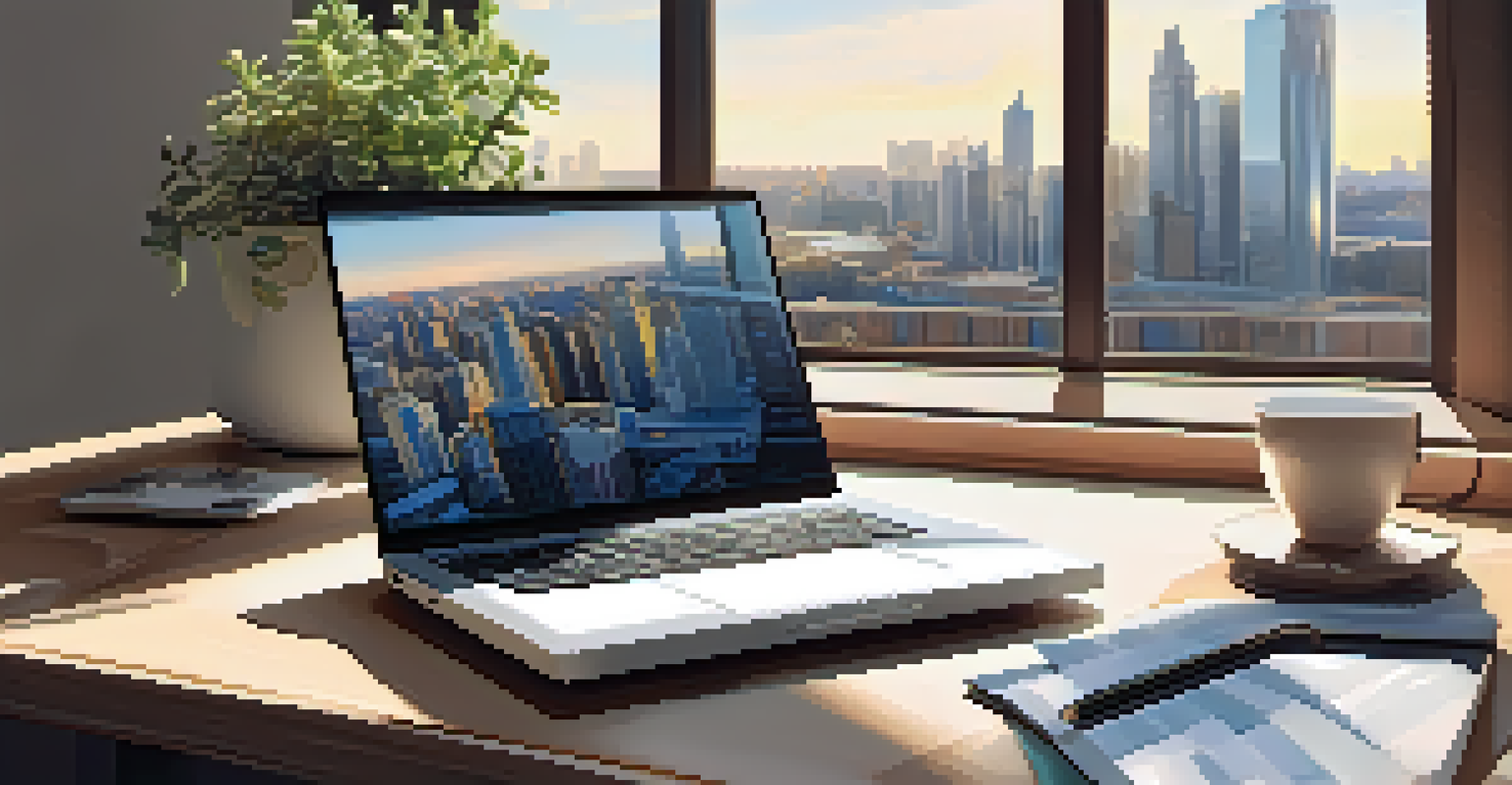 A tidy desk with a laptop, notebooks, coffee, and a small plant, near a window.