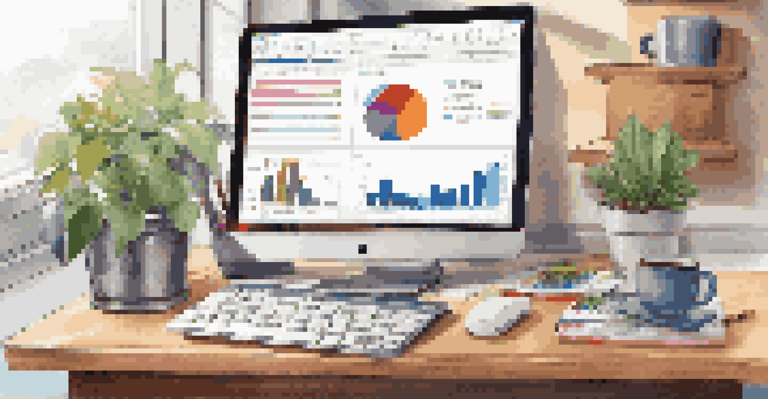 An office desk with a laptop showing a budgeting spreadsheet, colorful charts, and organized office supplies.