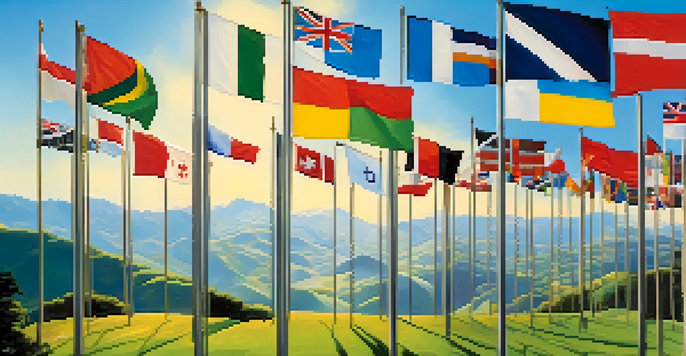 A peaceful landscape featuring various international flags on green hills under a clear blue sky, symbolizing global unity and investment.