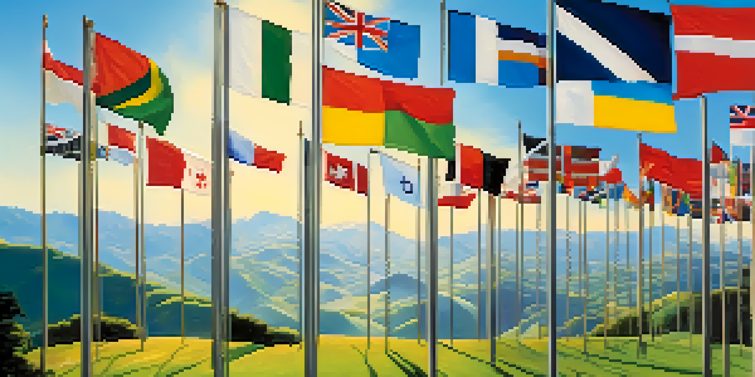A peaceful landscape featuring various international flags on green hills under a clear blue sky, symbolizing global unity and investment.