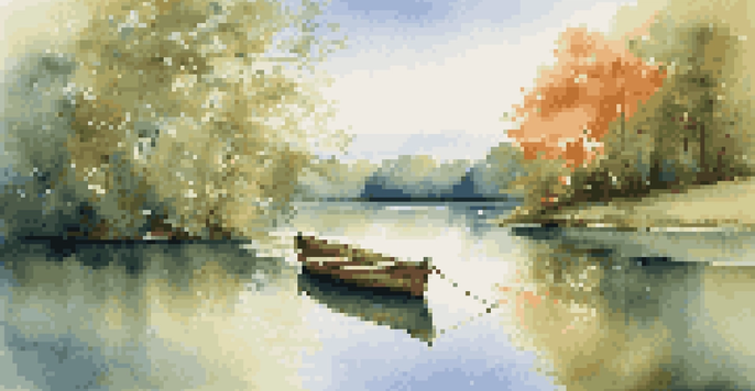 A peaceful lake with green trees and a wooden boat floating on the water under a clear blue sky.